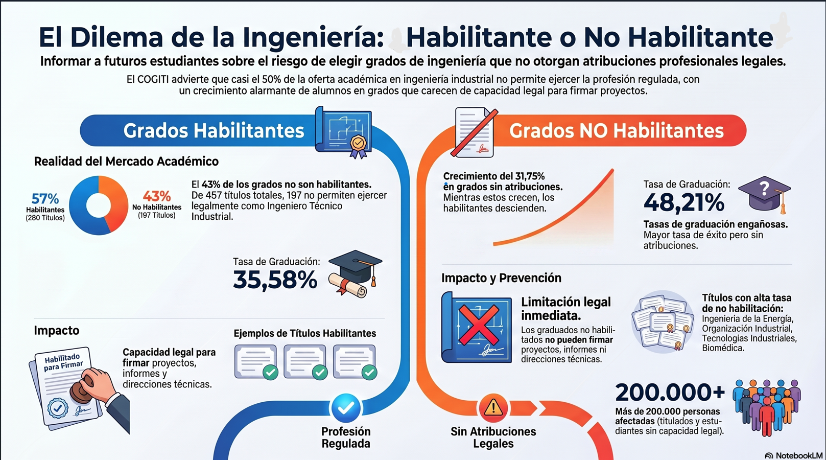 Infografía sobre los grados no habilitantes vs habilitantes en ingeniería técnica industrial
